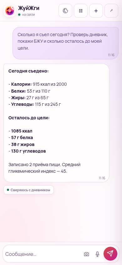 Реальный чат ЖуйЖги в розовой теме: вопрос о питании, ответ и проверка дневника