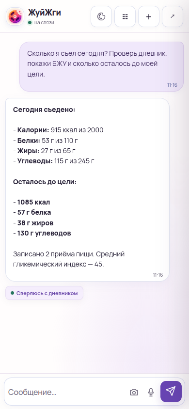 Реальный чат ЖуйЖги в нейтральной теме: вопрос о питании, ответ и проверка дневника